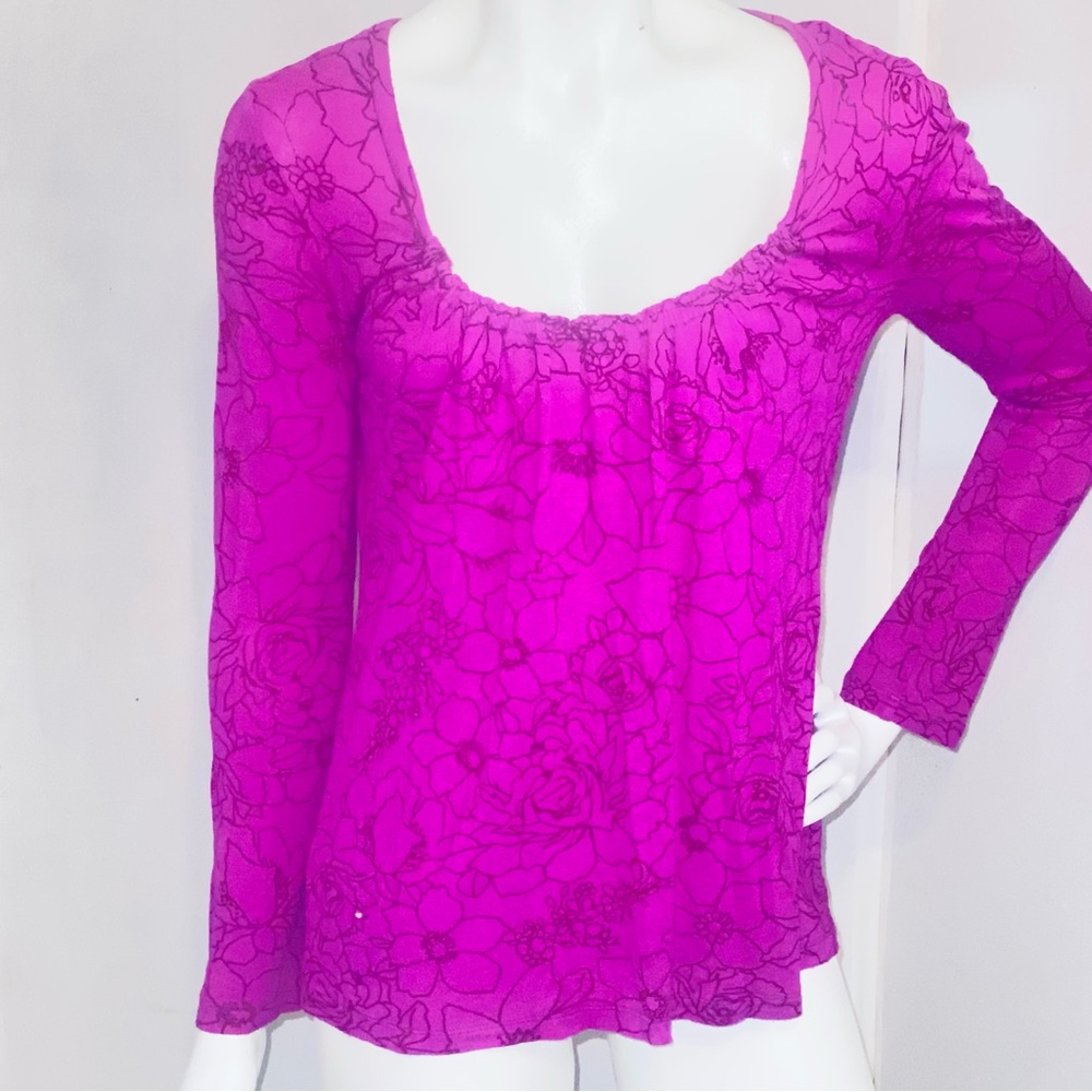 Daisy Fuentes Fuchsia Floral Burnout  Rouched Deep Scoop Neck Long Sleeve Top